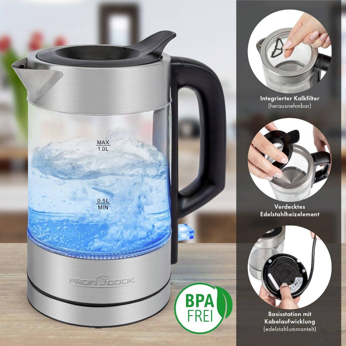 Elektrischer Wasserkocher mit maximalem Wasserstand von 1 Liter. Integrierter Kalkfilter, verdecktes Heizelement und BPA-frei.