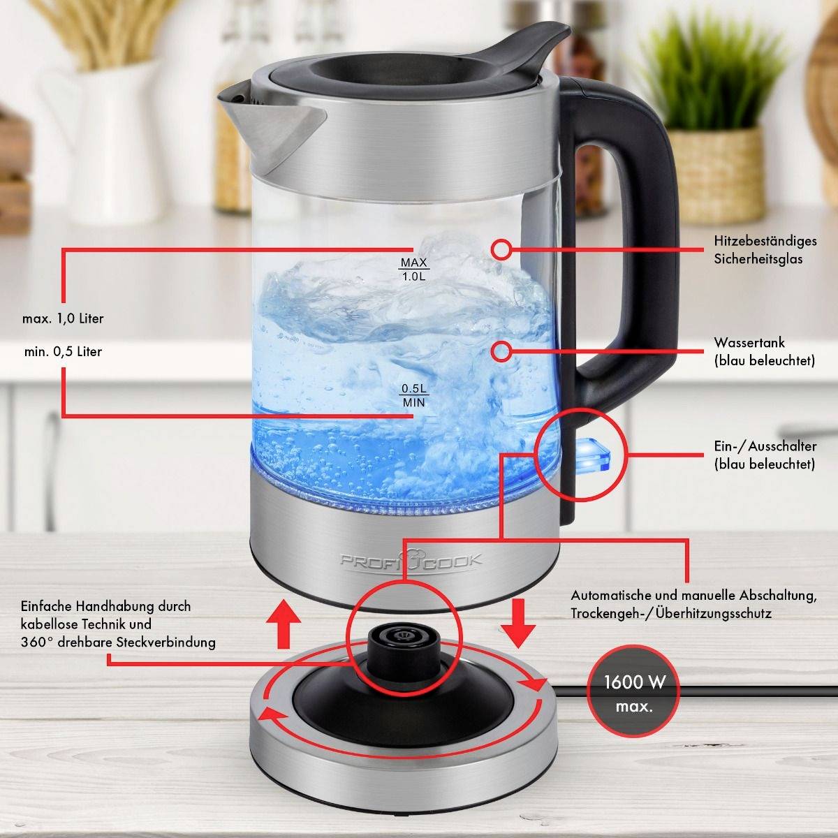 Ein elektrischer Wasserkocher mit transparentem Glas zeigt blauen Wasserstand, Kapazität von 0,5 bis 1,0 Liter. Funktionen und Details hervorgehoben.