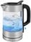Elektrischer Wasserkocher aus Glas und Edelstahl, gefüllt mit blauem Wasser, zeigt Füllstand von 0,5L bis 1,0L an.