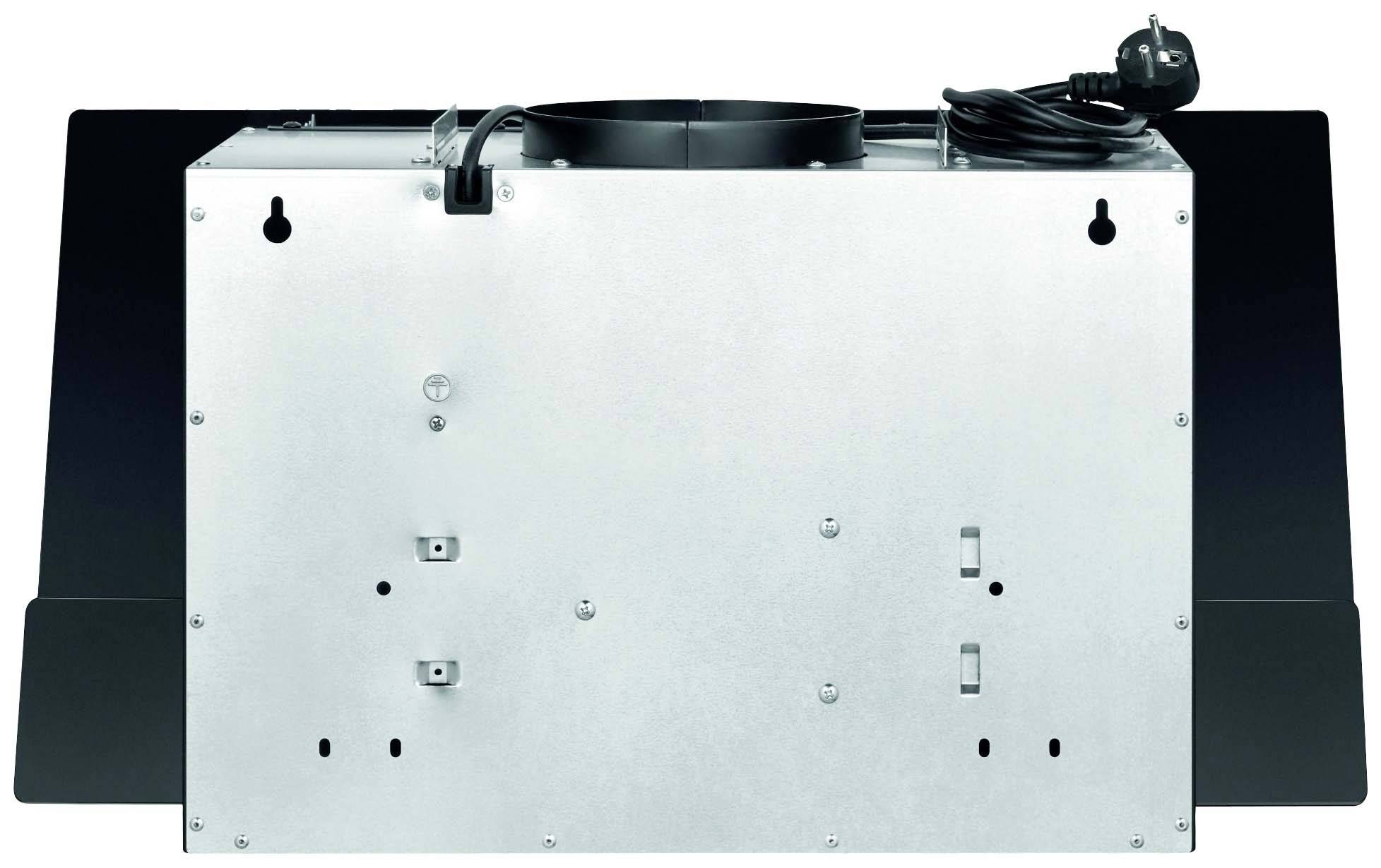 Ansicht einer Unterbau-Dunstabzugshaube von hinten, mit Metallverkleidung, Lüfteröffnung oben, Stromanschluss und Befestigungspunkten.