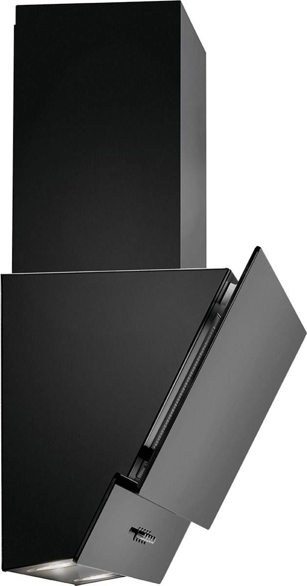 Schwarze Dunstabzugshaube mit schrägem Design, sichtbar ist der beleuchtete Filterbereich.