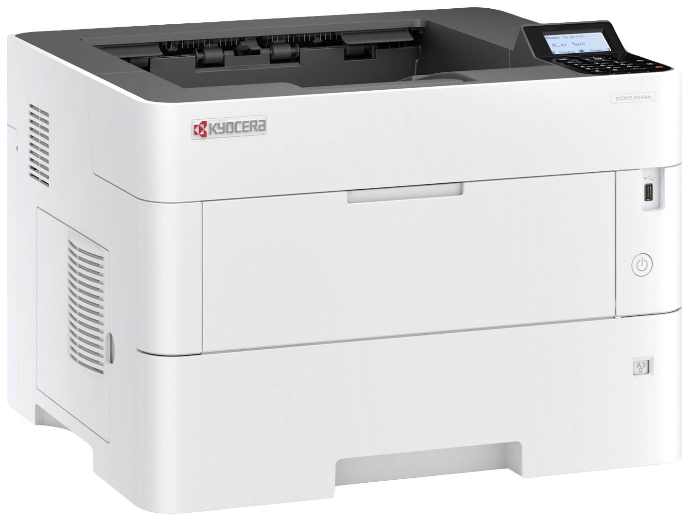 Ein weißer Drucker von Kyocera mit Bedienfeld oben rechts.
