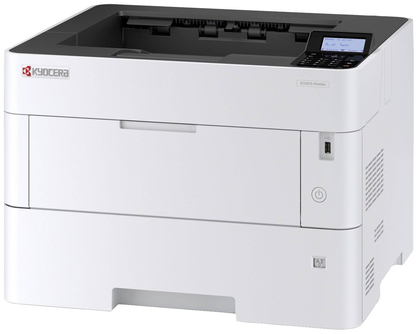 Weiße Kyocera ECOSYS P2040 Laserdrucker, Vorderansicht. Er verfügt über ein Bedienfeld und Papiervorratsschacht unten.
