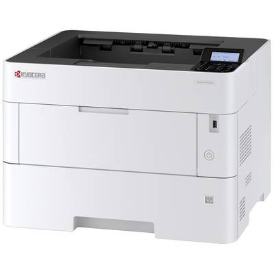 Weiße Kyocera ECOSYS P2040 Laserdrucker, Vorderansicht. Er verfügt über ein Bedienfeld und Papiervorratsschacht unten.