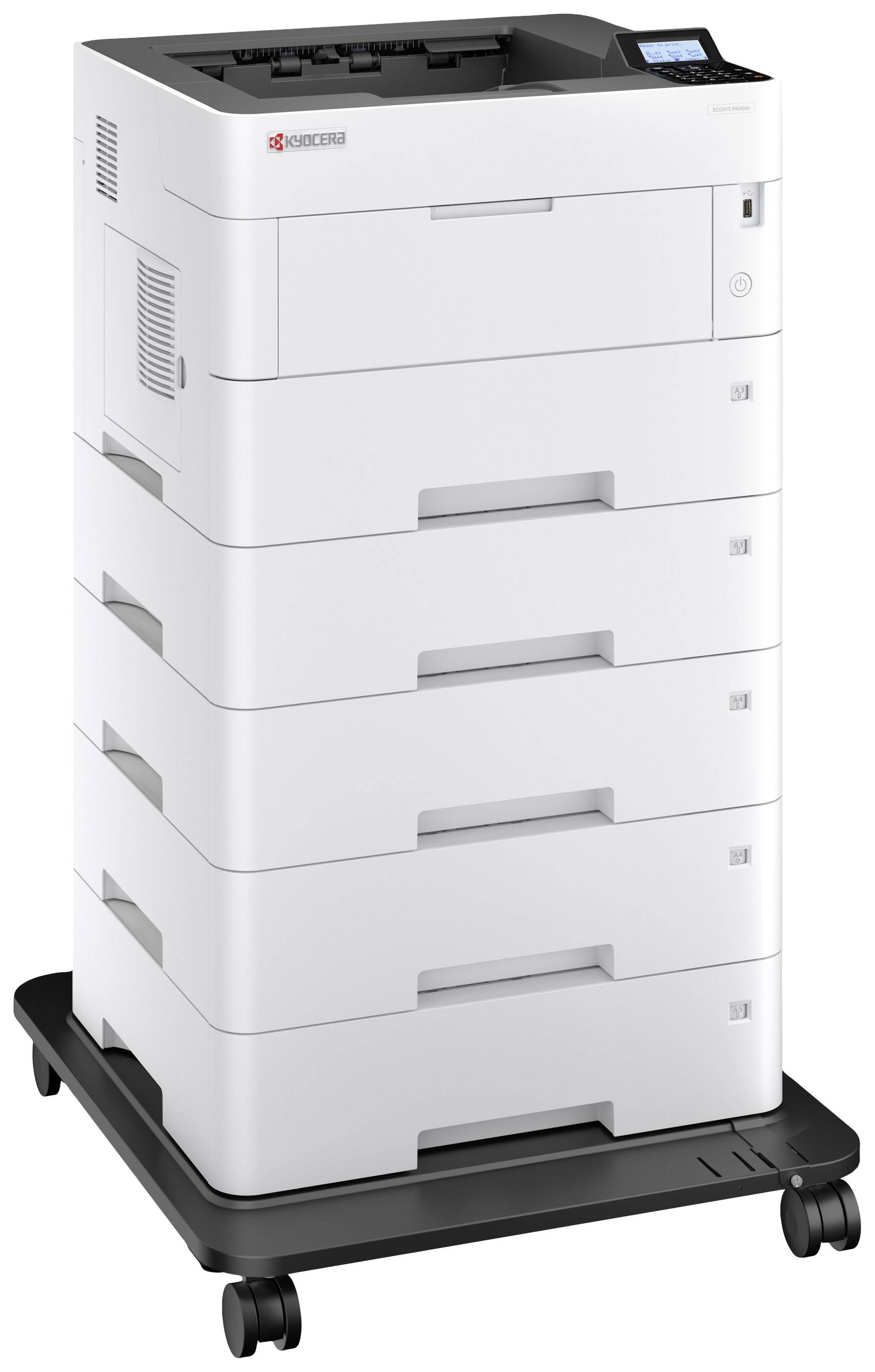 Ein großer, weißer Bürodrucker mit mehreren Papierfächern und einem kleinen digitalen Display, auf einem rollbaren Sockel platziert.