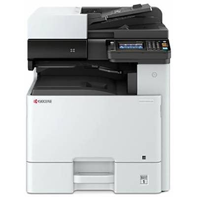 Ein weißer Multifunktionsdrucker mit schwarzem Bedienfeld und Papiereinzug oben. Geeignet für Büroanwendungen.