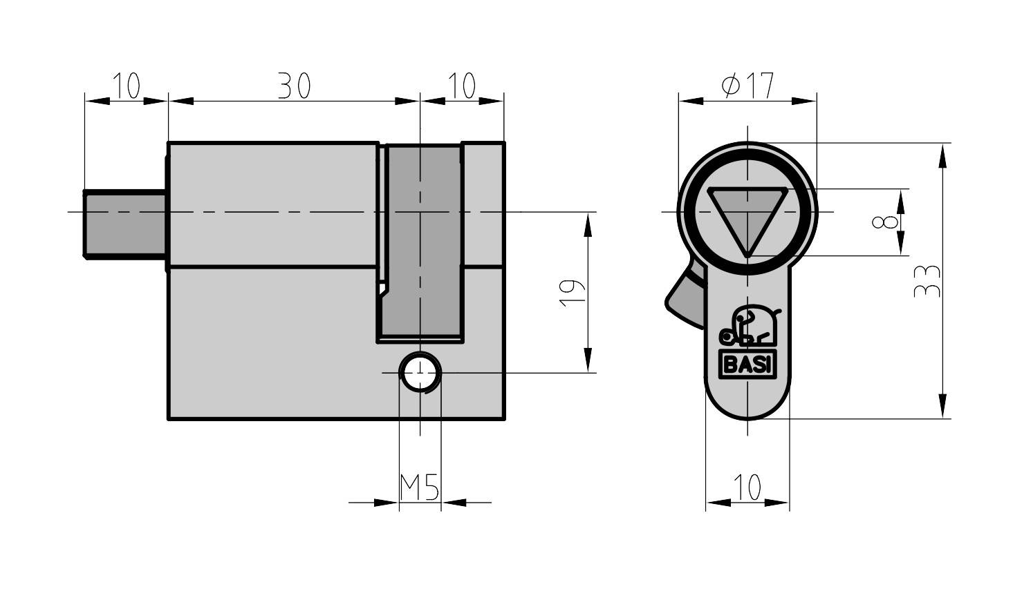 Technische Zeichnung eines ovalen Türzylinders mit Maßen: Länge 30 mm, Durchmesser 17 mm, Höhe 33 mm. Markierung 'BASI'.