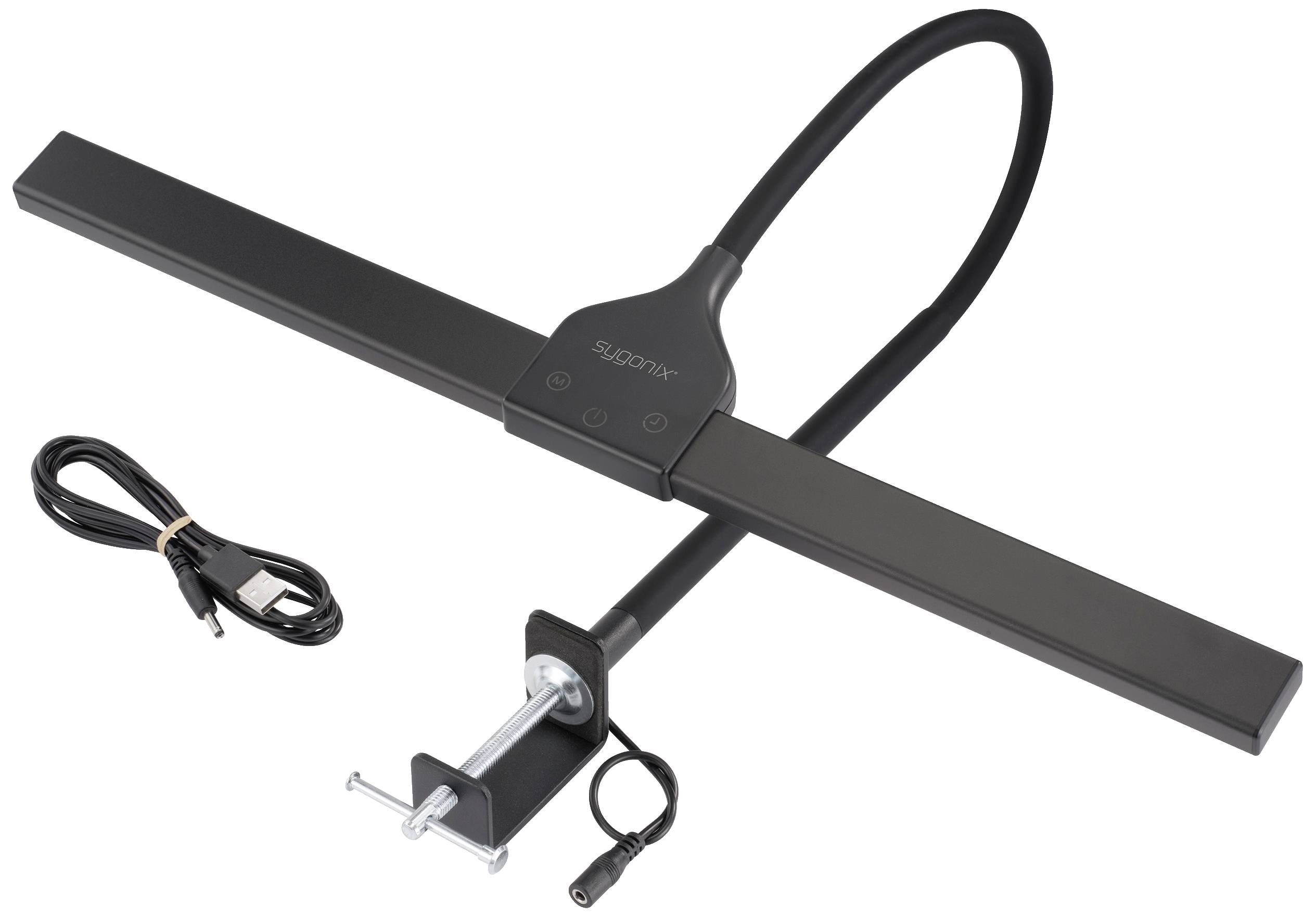 Schwarze LED-Monitorleuchte mit USB-Kabel, flexibler Halterung und Clip zur Befestigung an einem Schreibtischrand.
