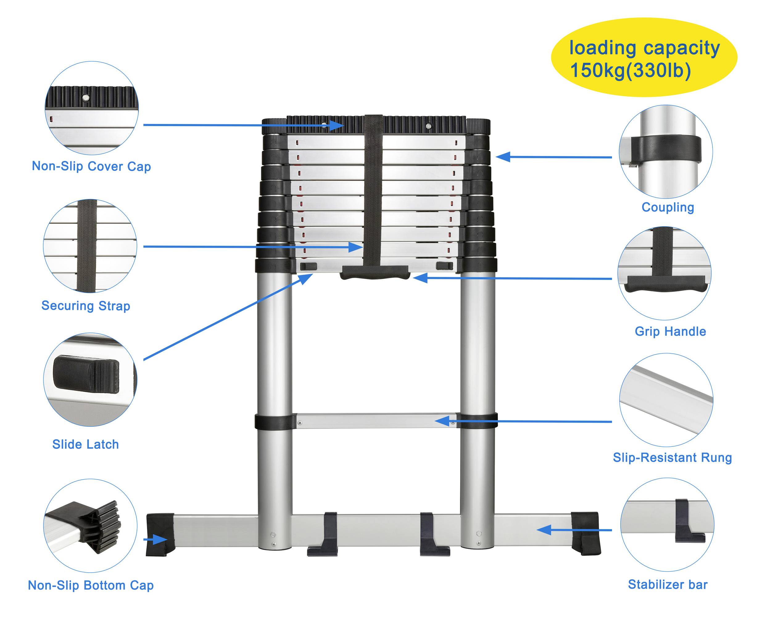 Teleskopleiter mit 150 kg Tragkraft. Markierte Bestandteile: Kupplung, Griff, rutschfeste Sprosse, Stabilisator, Verriegelung, Sicherungsband.