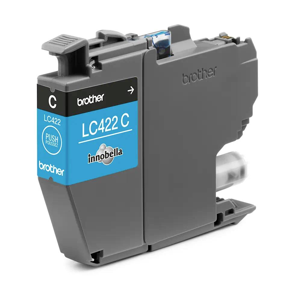 Graue und blaue Brother LC422C Tintenpatrone, Modell 'innobella', kompatibel mit Brother-Druckern.