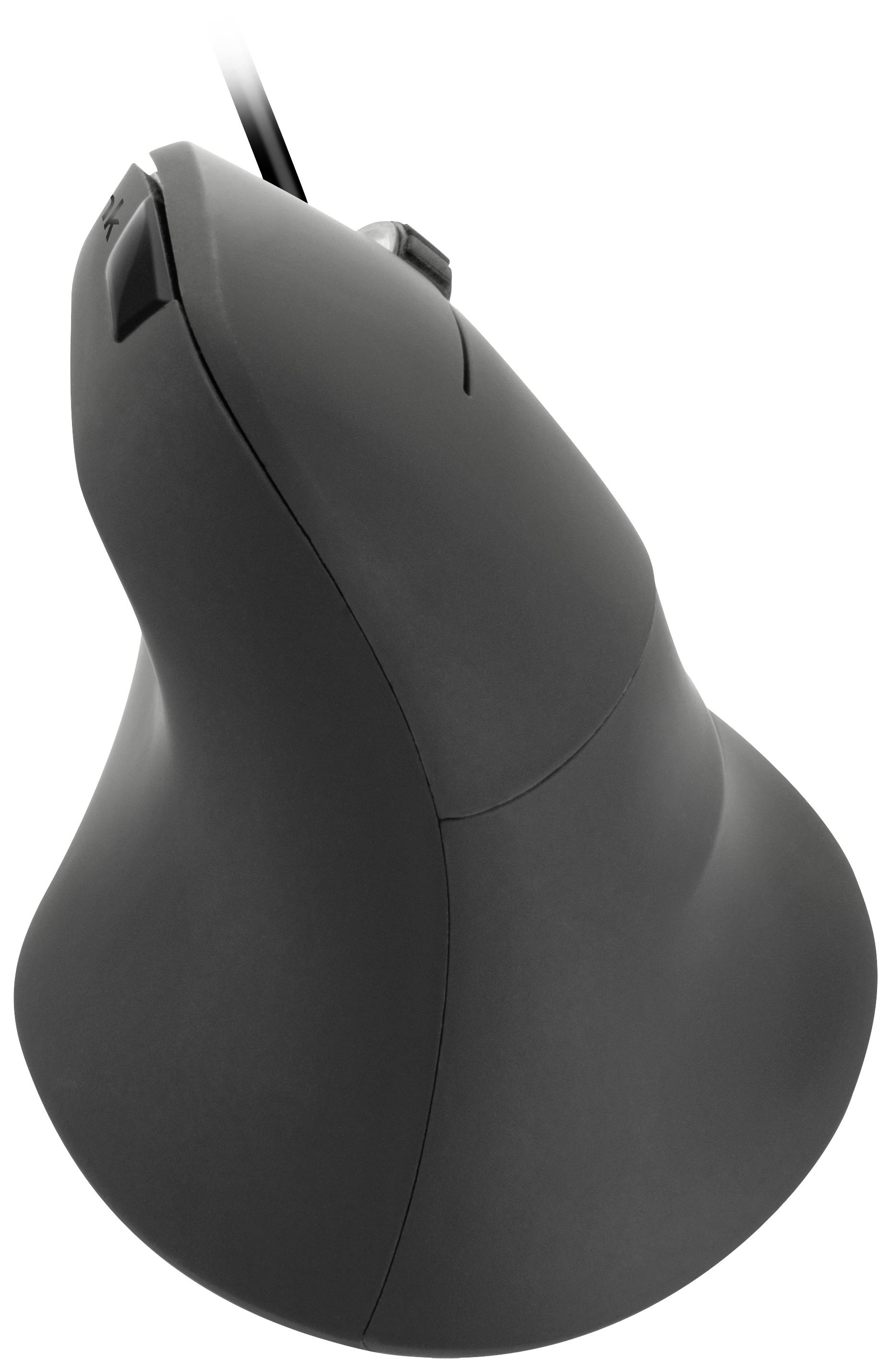 Ergonomische vertikale Maus in Schwarz, von oben fotografiert, zeigt Tastenanordnung und geschwungene Form zur Handunterstützung.
