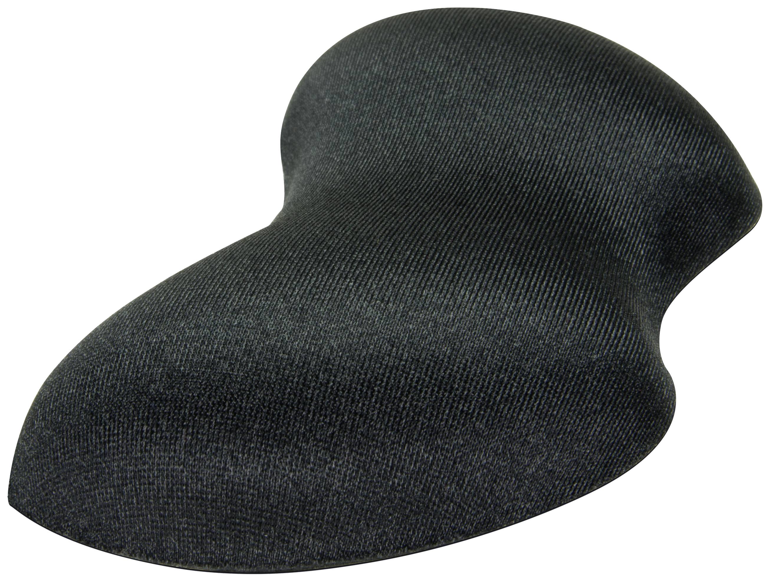 Ergonomische schwarze Handballenauflage aus Stoff, geformt für Komfort. Ideal zur Unterstützung der Handgelenke beim Tippen oder Arbeiten.