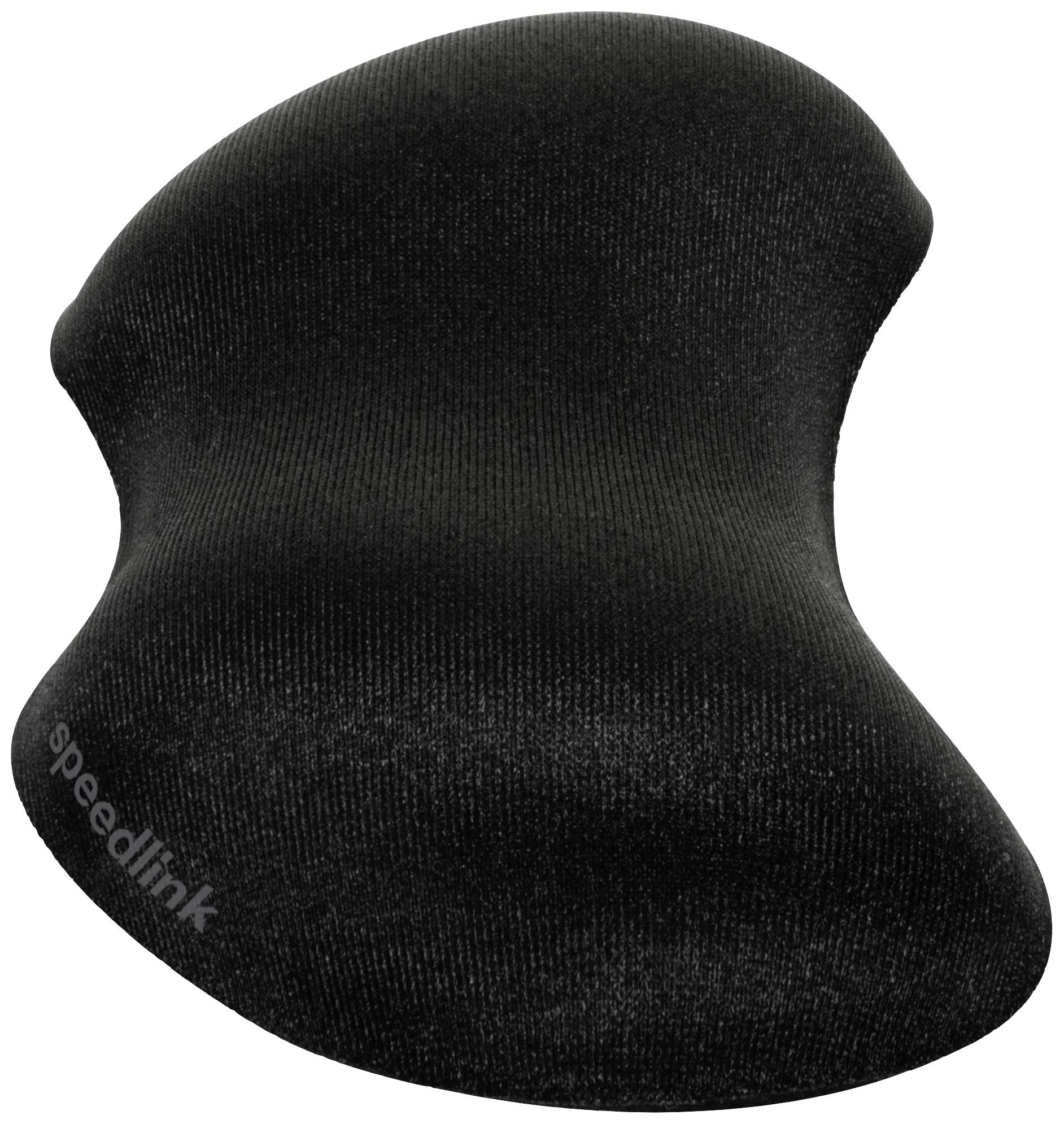 Schwarz gepolstertes Mauspad mit ergonomischer Form zur Unterstützung des Handgelenks bei der Computer-Nutzung.