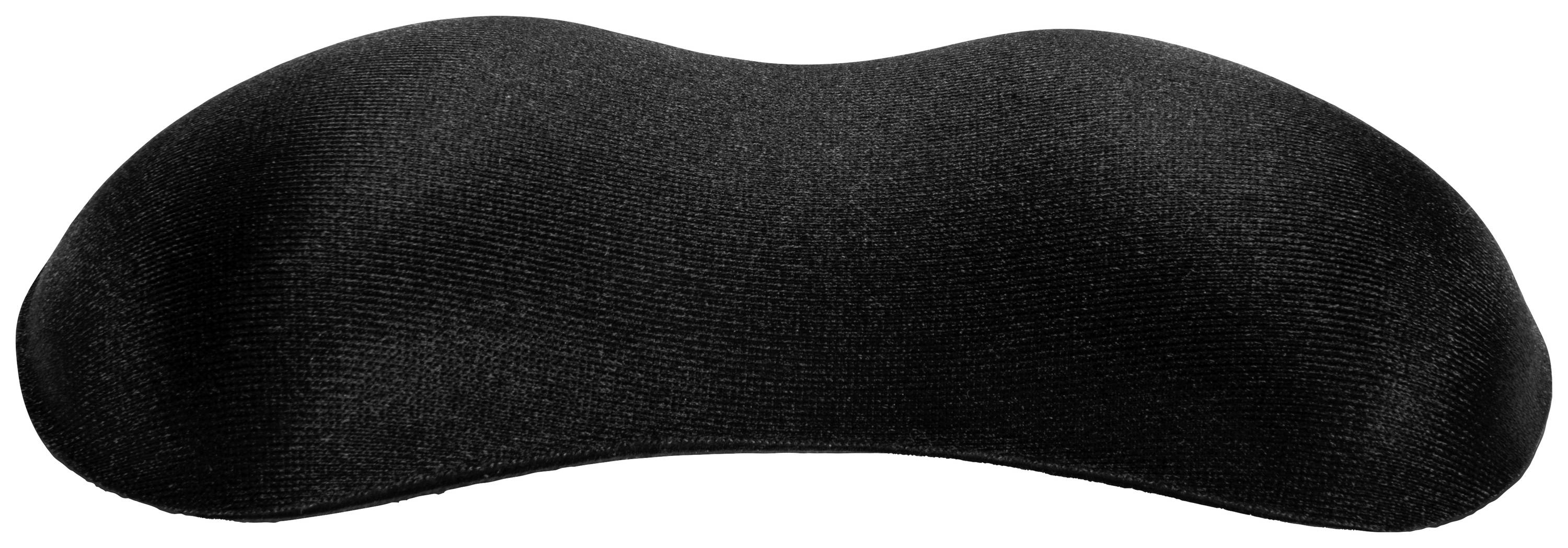 Ein schwarzes, ergonomisch geformtes Kissen in einer geschwungenen Form. Ideal für Nackenunterstützung oder als Rückenlehne.
