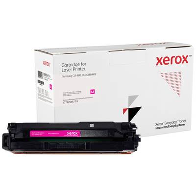 Druckerpatrone vor einer Verpackung der Marke Xerox für Samsung Laserprinter gezeigt. Text auf Verpackung: 'Cartridge for Laser Printer'.