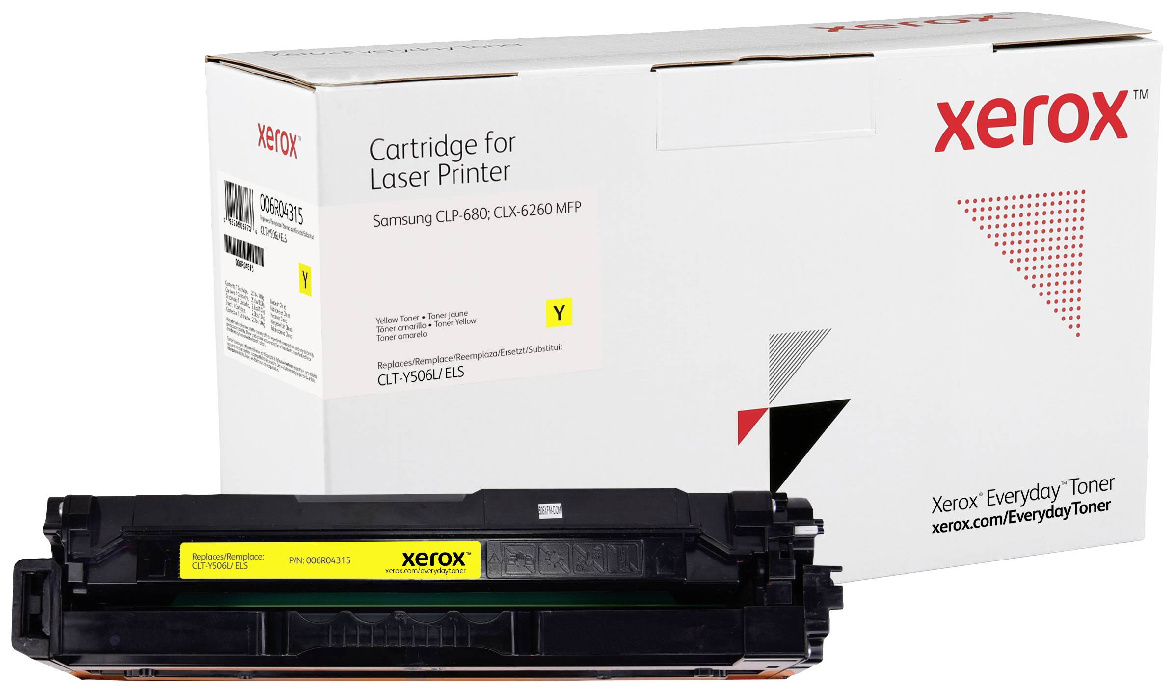Eine gelbe Xerox Tonerkartusche für Samsung CLP-680/CLX-6260 Drucker vor der passenden Verpackung.