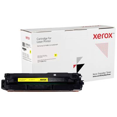 Eine gelbe Xerox Tonerkartusche für Samsung CLP-680/CLX-6260 Drucker vor der passenden Verpackung.