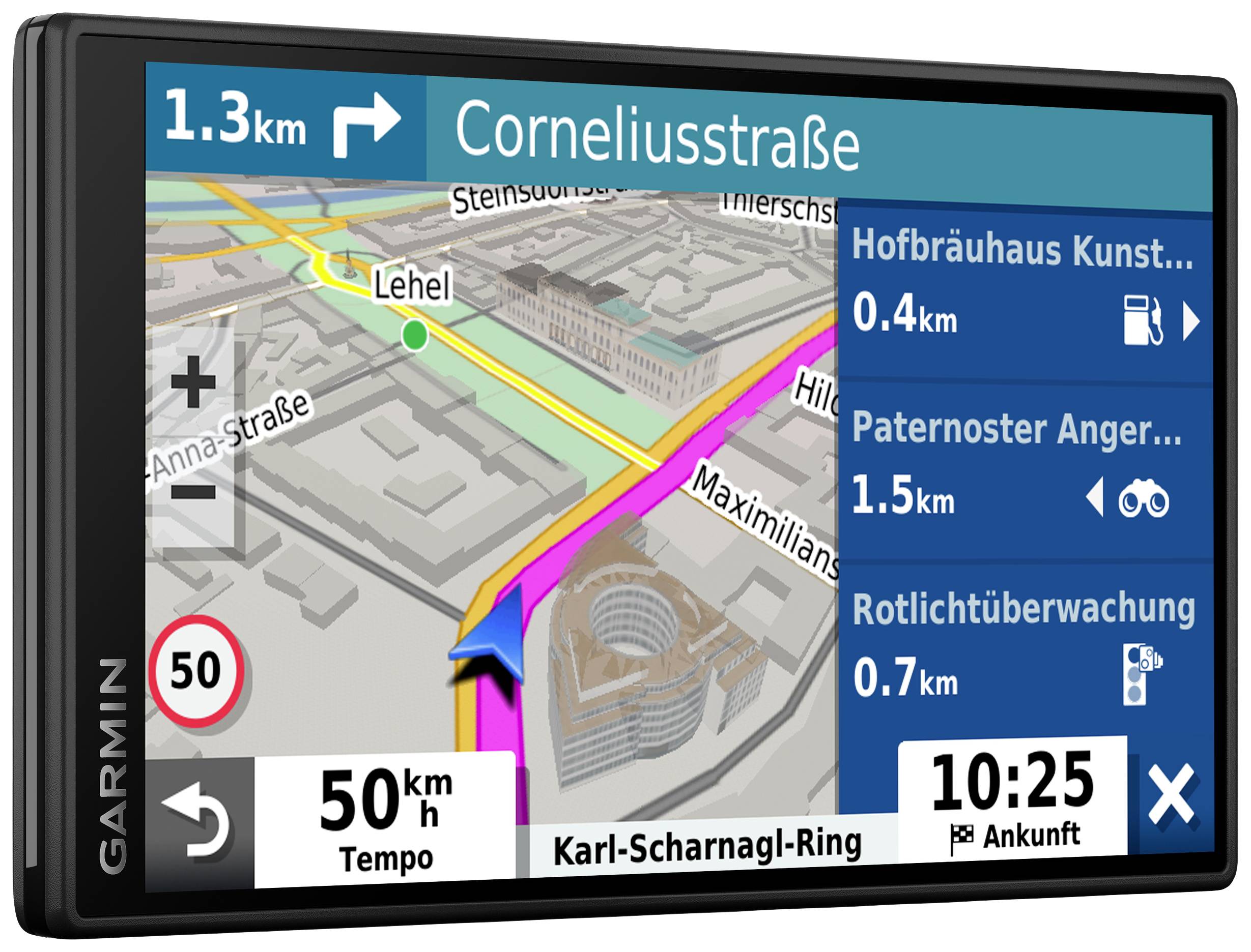 Navigationsgerät-Display zeigt eine Karte mit Route zur 'Corneliusstraße'. Entfernung 1,3 km, Ankunft um 10:25 Uhr. Geschwindigkeit 50 km/h.