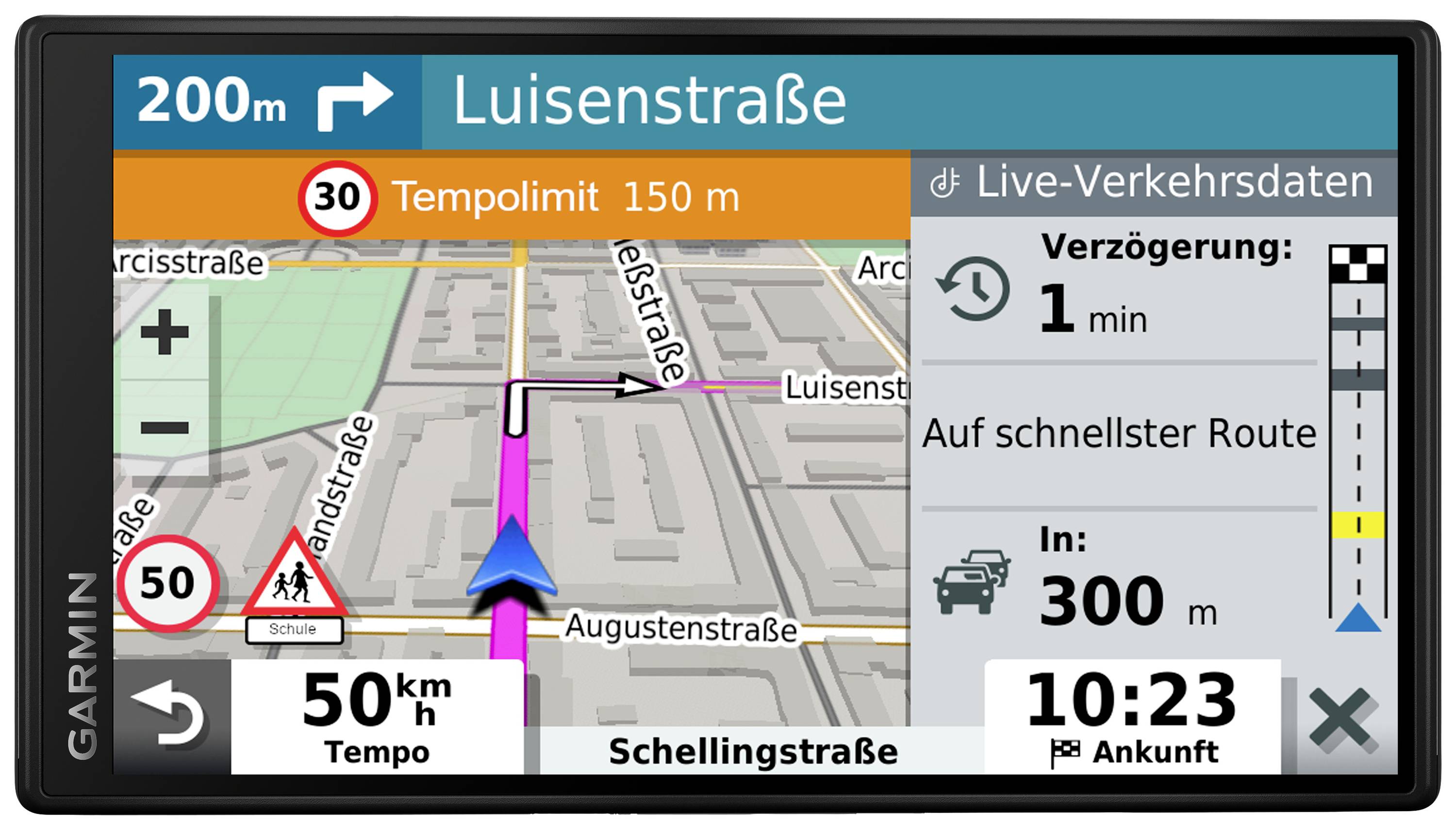 Navigationsgerät zeigt 'Luisenstraße' an. Tempolimit 30 km/h, Verzögerung 1 min, Ankunft 10:23 Uhr. Nächster Schritt: Linksabbiegen in 300 m.
