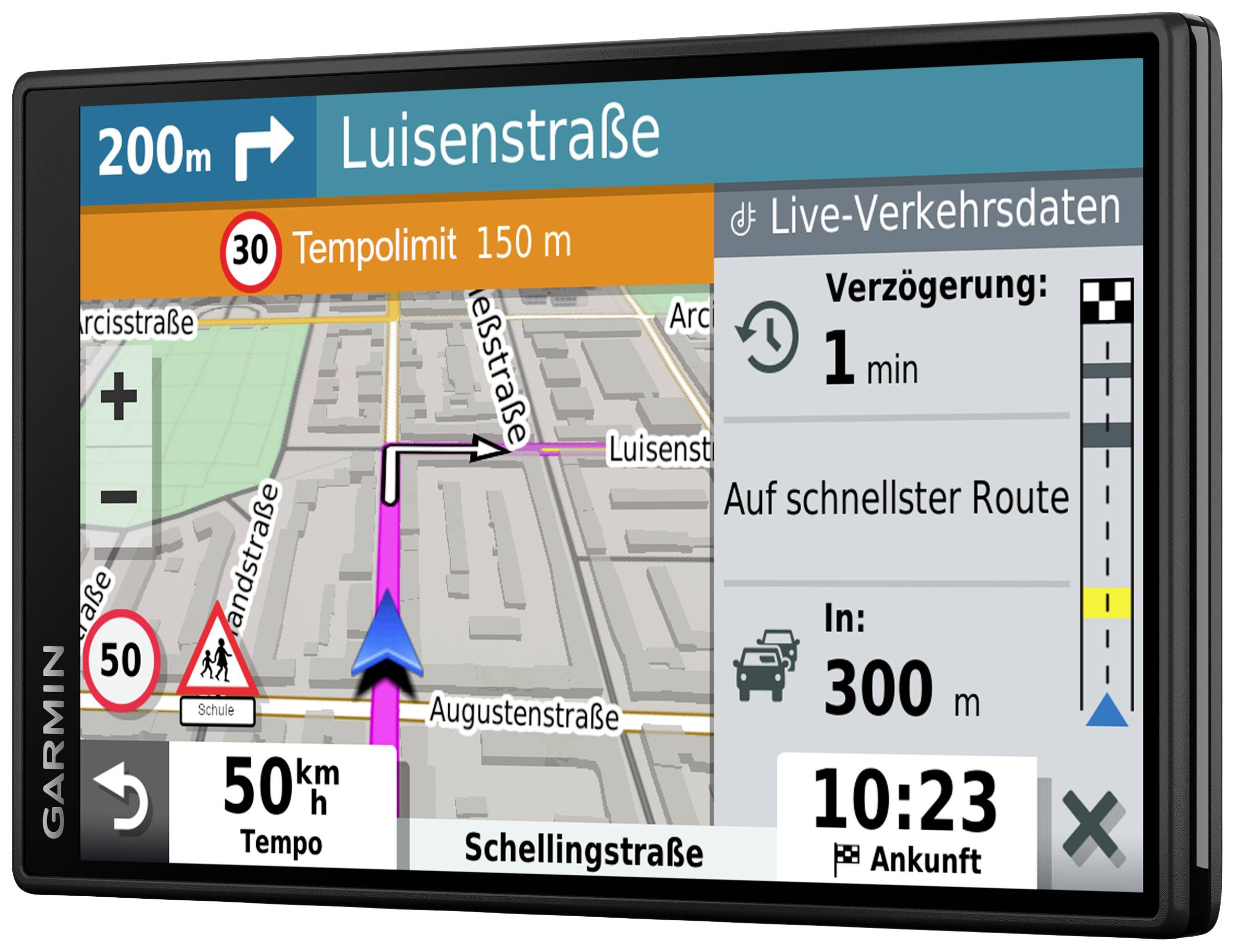 Navigationsgerät zeigt: 'Luisenstraße' mit Tempolimit von 30 km/h, Verzögerung 1 min. Ankunft in 300 m, aktuelle Geschwindigkeit 50 km/h.