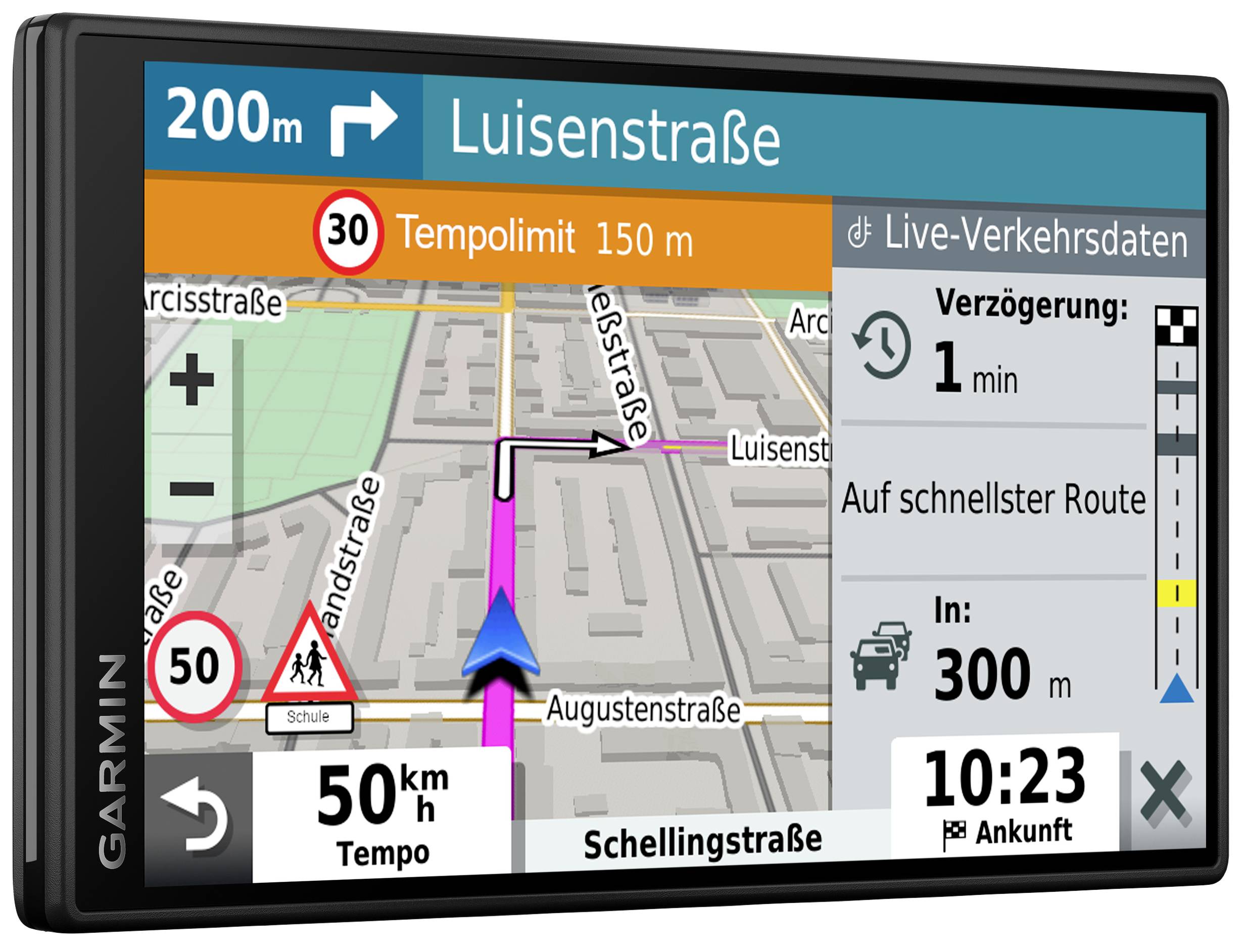 Navigationsgerät zeigt die Route zur 'Luisenstraße', Tempolimit 150 m voraus, Live-Verkehrsdaten mit 1 Minute Verzögerung, erwartete Ankunft um 10:23 Uhr.