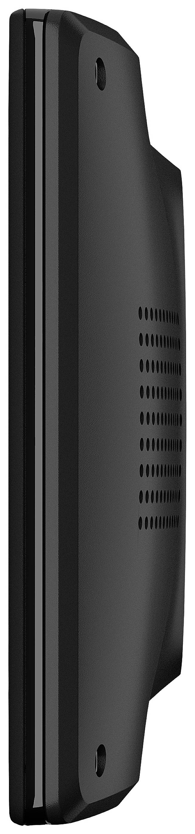 Seitenansicht eines schwarzen Fernsehers oder Monitors mit abgerundeten Kanten.