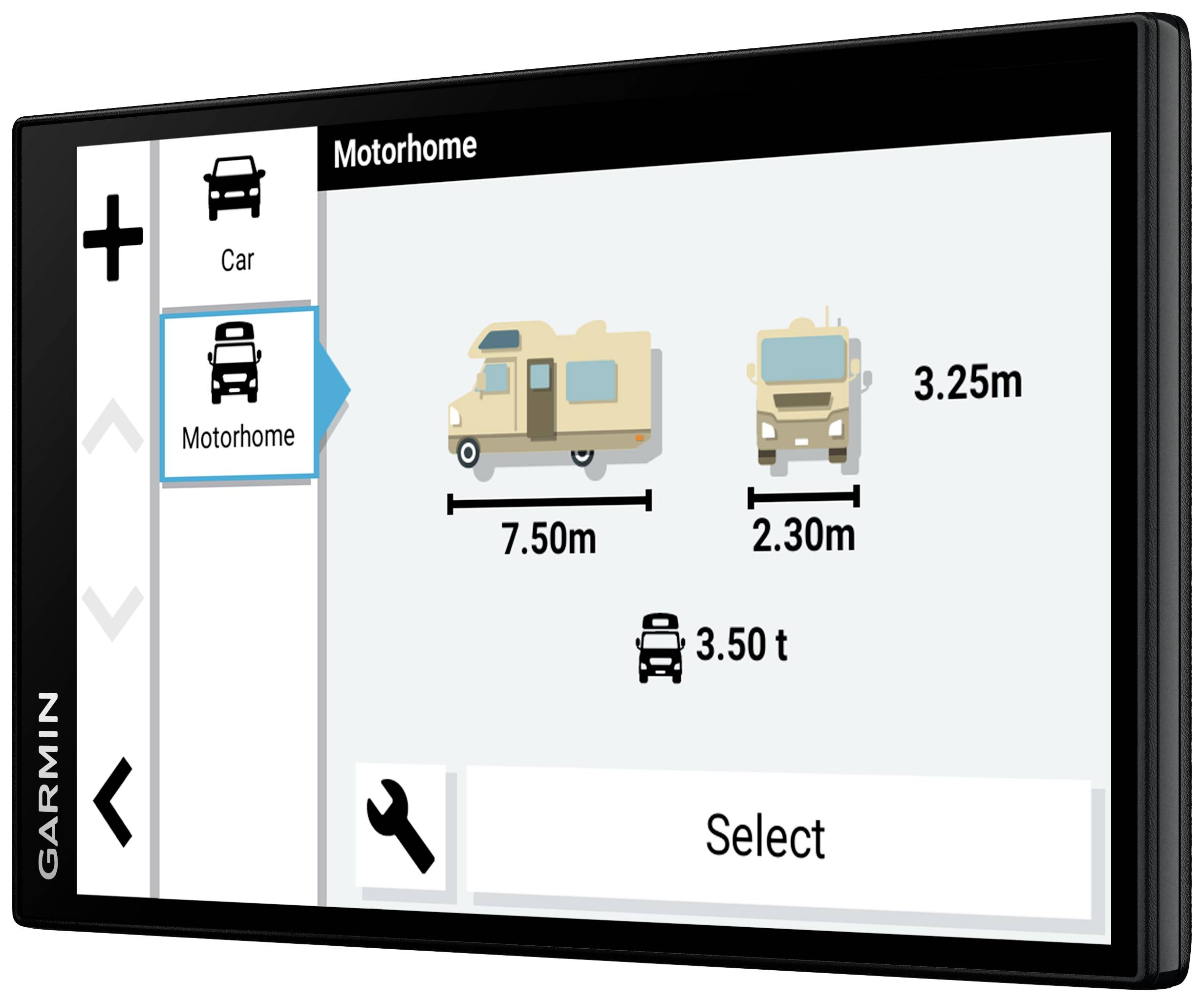 Navigationsbildschirm zeigt zwei Wohnmobile. Details zur Länge (7,50 m) und Breite (2,30 m). Gewicht: 3,50 t. Auswahl: 'Motorhome'.