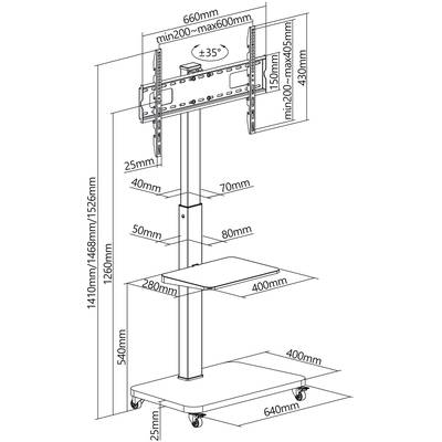 Diagramm eines mobilen TV-Ständers mit höhenverstellbarer Halterung, Ablagefläche und Rollen, zeigt spezifische Maße und Strukturen.