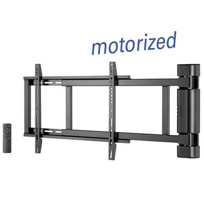 Motorisierte TV-Wandhalterung mit Fernbedienung zeigt erweiterte Arme zur flexiblen Positionierung für optimale Bildschirmansicht.