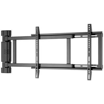 Schwarze TV-Wandhalterung mit beweglichem Arm und mehreren Befestigungslöchern. Geeignet zur Anpassung an verschiedene Bildschirmgrößen.