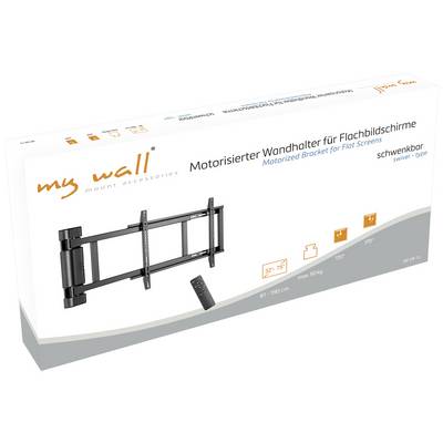 'Motorisierter Wandhalter für Flachbildschirme, schwenkbar'. Verpackung zeigt Bild des Halters mit Fernbedienung.