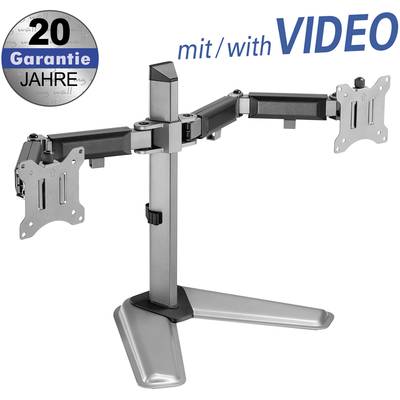 Doppel-Monitorständer aus Metall mit zwei schwenkbaren Armen für Monitore. Aufdruck: '20 Jahre Garantie mit Video'.