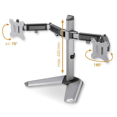 Monitorhalterung aus Metall mit zwei Armen, Höhenverstellbarkeit bis 430 mm, Rotationswinkel bis 180° und Neigungswinkel +/- 70°.