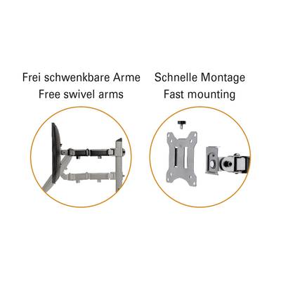 'Freischwenkbare Arme' zeigt einen beweglichen Bildschirmarm. 'Schnelle Montage' illustriert eine einfache Wandhalterungen-Anordnung.