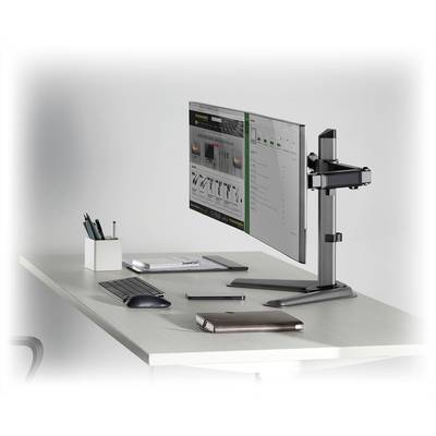 Ein stilvoll eingerichteter Schreibtisch mit Computerbildschirm, Tastatur, Notizbuch und Stiftehalter auf einem modernen weißen Tisch.