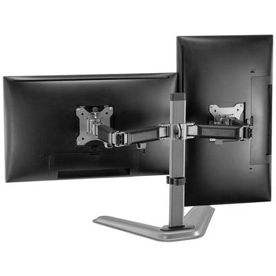 Zwei nebeneinander an einem Monitorarm befestigte Bildschirmrückseiten; der Arm ermöglicht flexible Positionierung.