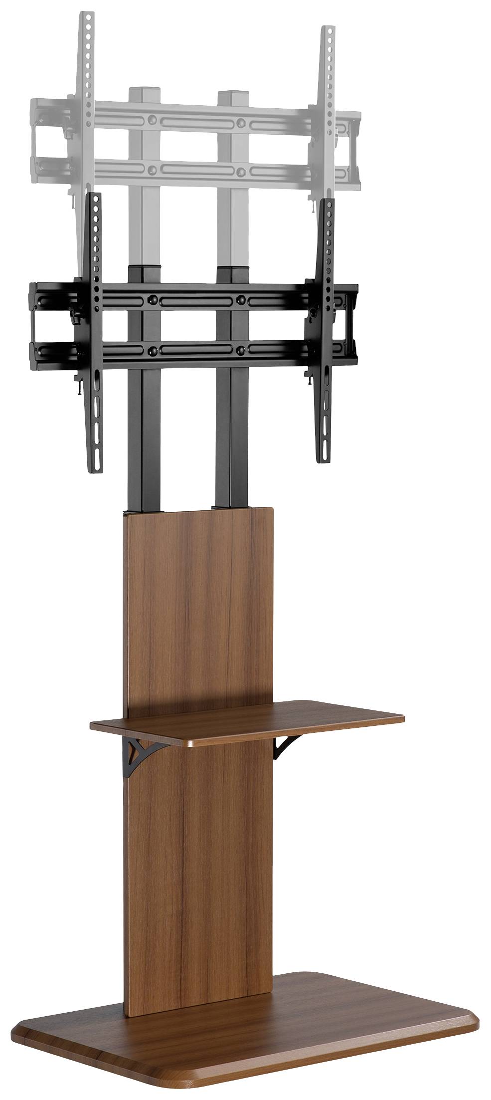 Halterung für TV-Gerät mit Holzsockel und Ablage, verstellbare Metallarme für verschiedene Bildschirmgrößen.