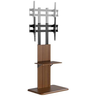 Halterung für TV-Gerät mit Holzsockel und Ablage, verstellbare Metallarme für verschiedene Bildschirmgrößen.