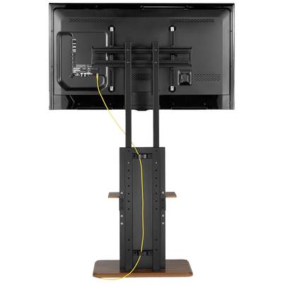 Ein Fernseher von hinten, montiert auf einem schwarzen Standfuß. Ein gelbes Kabel ist an einen der Anschlüsse auf der Rückseite angeschlossen.