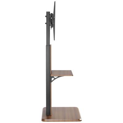Ein Ständer mit verstellbarer Halterung für einen Fernseher oder Monitor, Seitenansicht. Der Ständer hat ein Holzdesign und eine Ablagefläche.