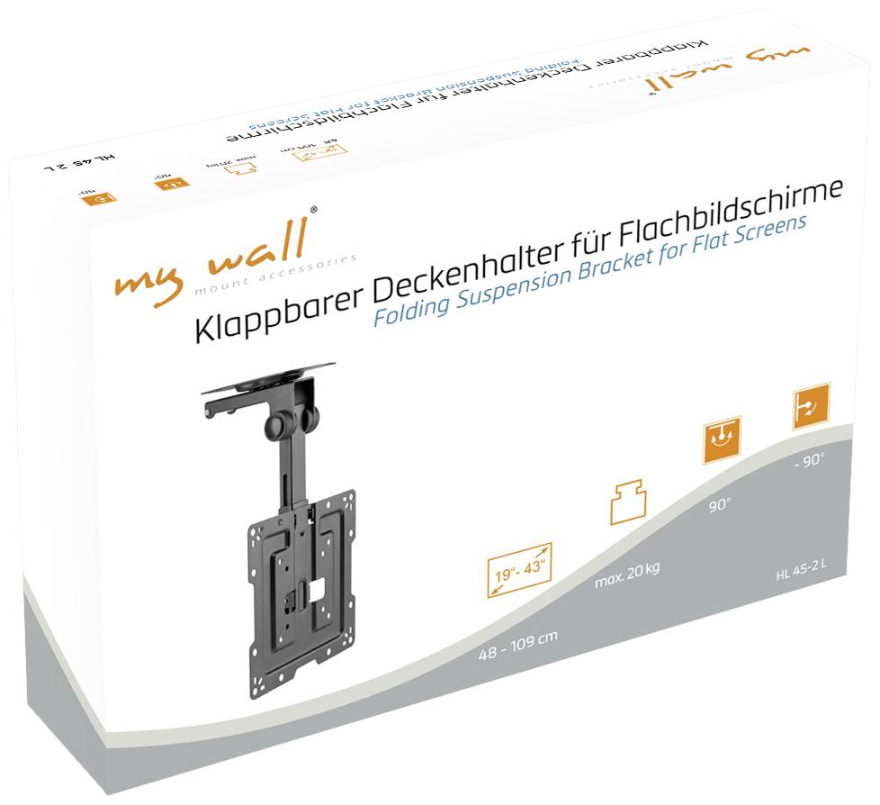 Klappbarer Deckenhalter für Flachbildschirme, verstellbar von 19° bis 43°, geeignet für 48-109 cm und bis 20 kg.