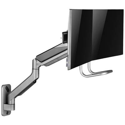 Ein Monitor an einem schwenkbaren Wandarm, der USB-Anschlüsse aufweist, zur flexiblen Positionierung und platzsparenden Montage.