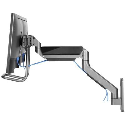 Seitliche Ansicht eines ergonomischen Schreibtisch-Monitorarms mit Kabelmanagement in silberner Ausführung, montiert an einer Wand.