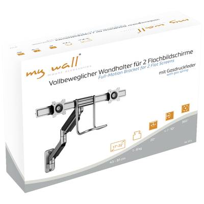 'Vollbeweglicher Wandhalter für 2 Flachbildschirme von 43-81 cm, 1-8 kg mit Gasdruckfeder. Schwenkbar 20°, neigbar 10°, drehbar 360°.'
