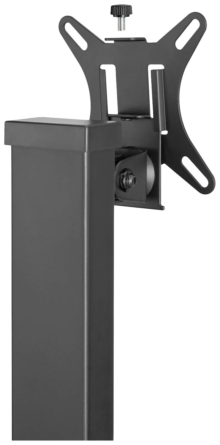 Ein schwarzer TV-Wandhalter mit verstellbarem Arm und Montageplatte zur Befestigung von Flachbildfernsehern an der Wand.