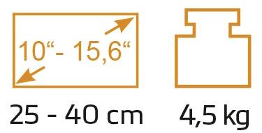 'Abmessungen eines Geräts: 10"-15,6" Bildschirmgröße, 25-40 cm Breite, Gewicht 4,5 kg.'