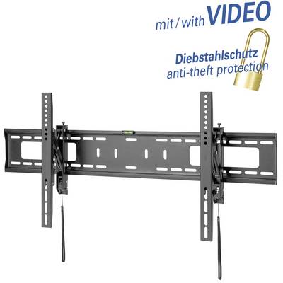 Wandhalterung für Flachbildfernseher, Diebstahlschutz integriert, Anleitungsvideo verfügbar.