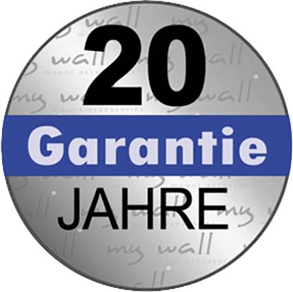 '20 Jahre Garantie' steht in großen Buchstaben auf einem silbernen, runden Abzeichen mit blauem Streifen.
