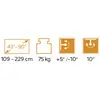 Darstellung technischer Spezifikationen: Bildschirmgröße 43"-90" (109-229 cm), Traglast 75 kg, Neigungswinkel +5°/-10°, Schwenkwinkel 10°.