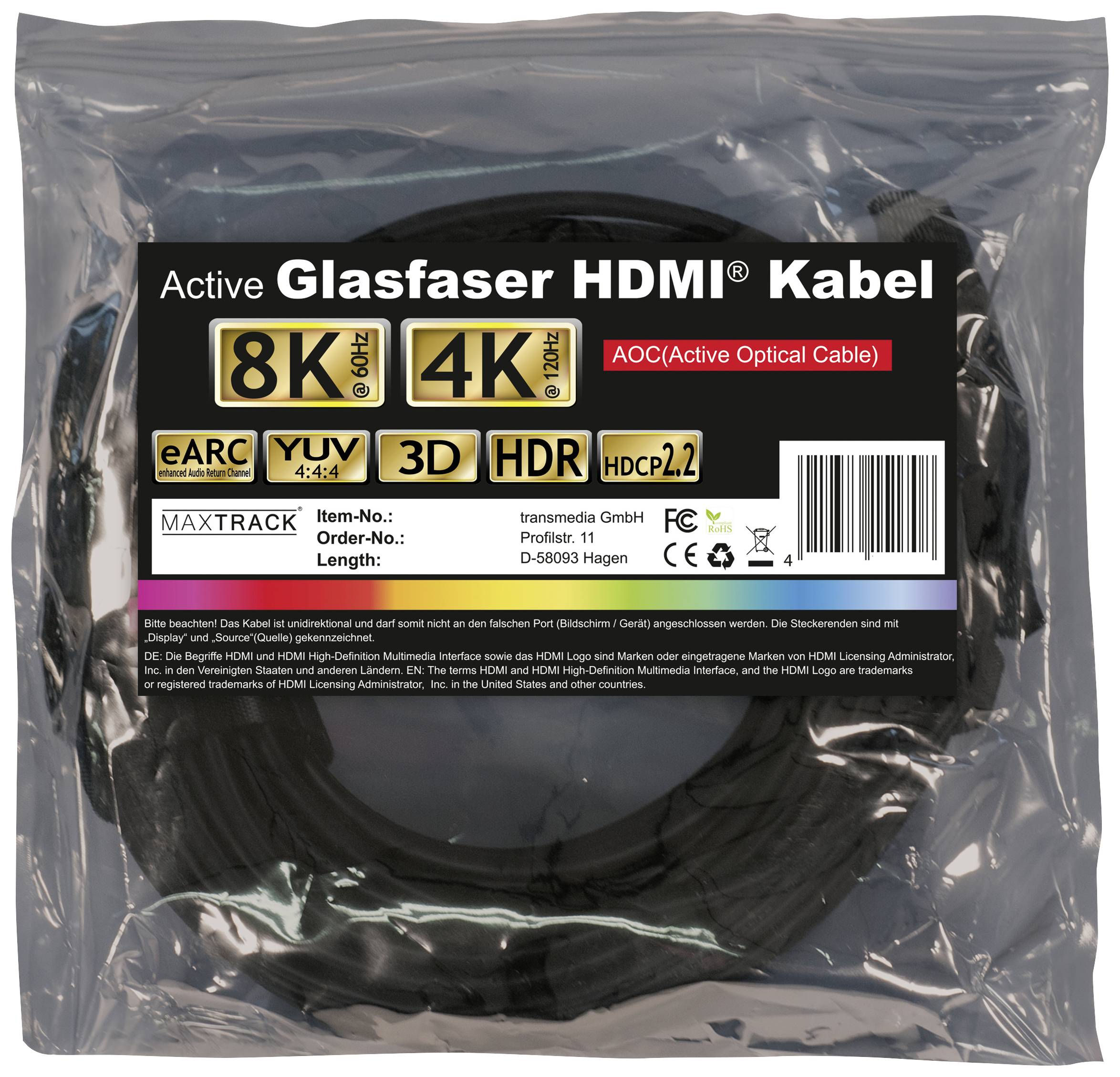 'Active Glasfaser HDMI Kabel' in Plastikverpackung. Unterstützt 8K, 4K, HDR. Features: eARC, 3D. Hersteller: transmedia GmbH.